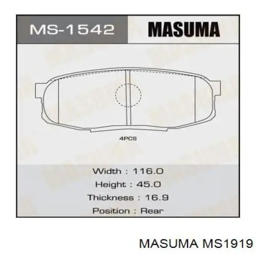 Колодки гальмівні передні, дискові MS1919 Masuma