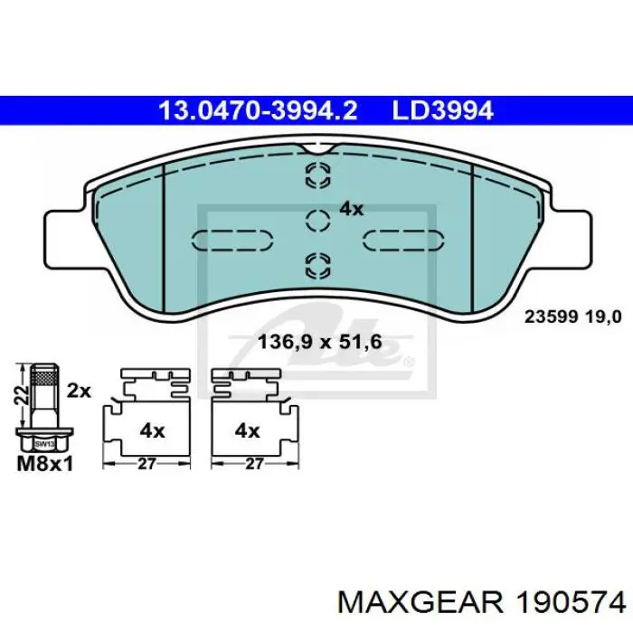 Передні тормозні колодки 190574 Maxgear