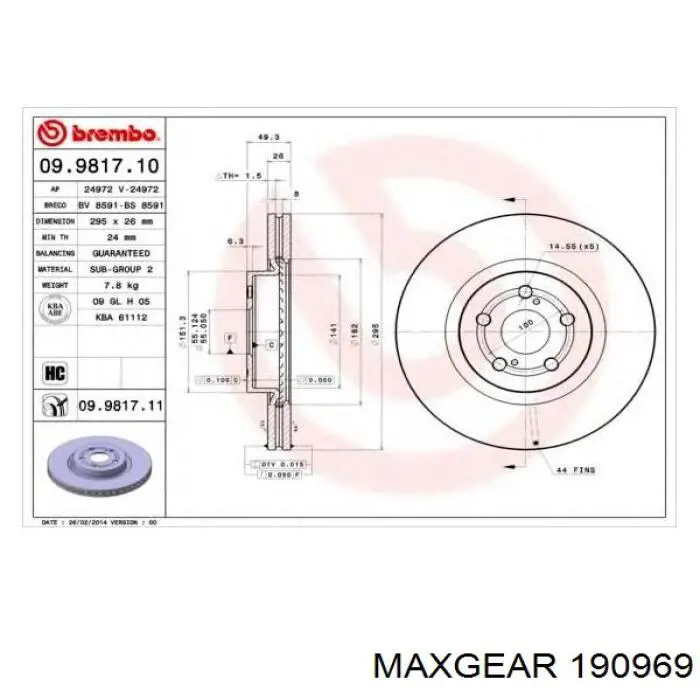 Диск гальмівний передній Maxgear 190969