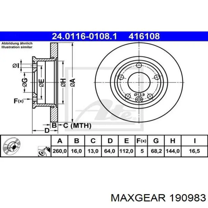 Диск гальмівний передній Maxgear 190983