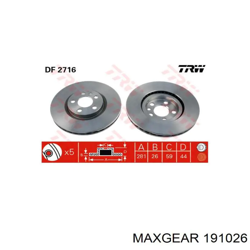 Диск переднього гальма Maxgear 191026 ціна, від 32.25 USD