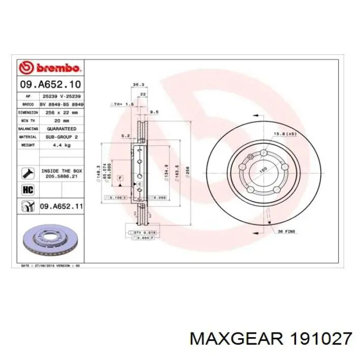 Гальмівні диски 191027 Maxgear