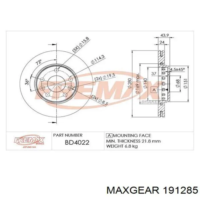 191285 Maxgear диск гальмівний передній