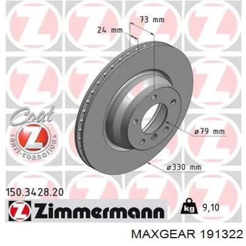 Диск гальмівний передній 191322 Maxgear