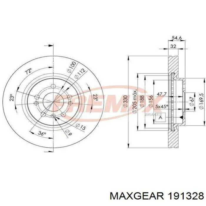Диск гальмівний передній Maxgear 191328