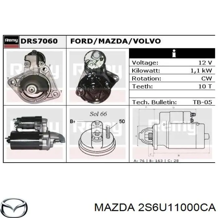 Стартер 2S6U11000CA Mazda