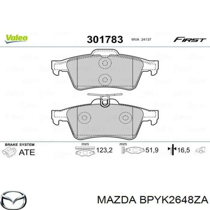 Колодки гальмові задні, дискові BPYK2648ZA Mazda