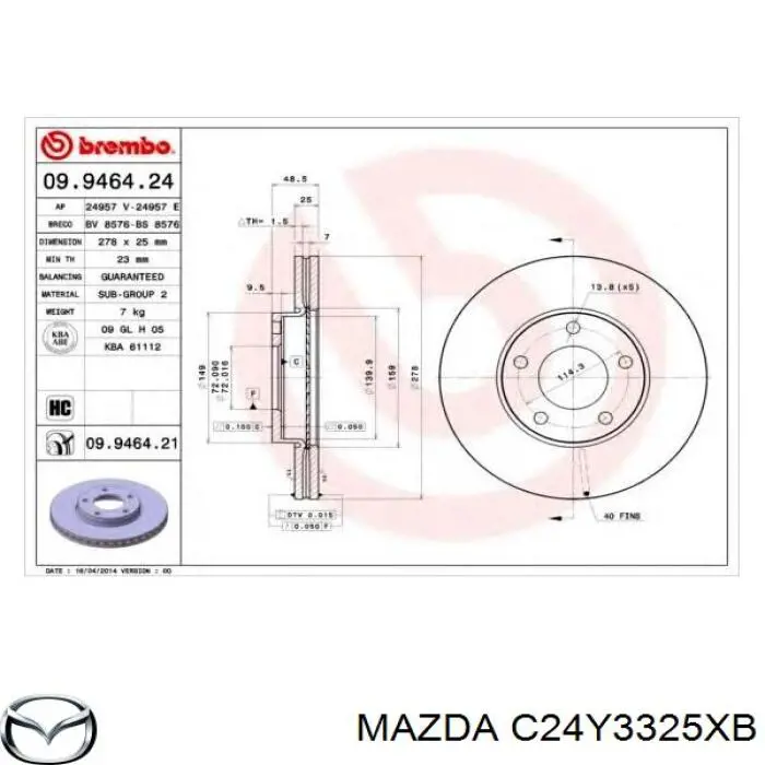 Диск переднього гальма Mazda C24Y3325XB ціна, від 40.54 USD