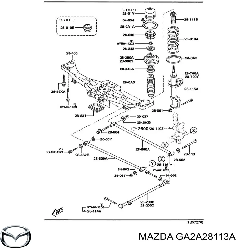 Болт кріплення заднього розвальний важеля, зовнішній Mazda GA2A28113A ціна, від 19.23 USD