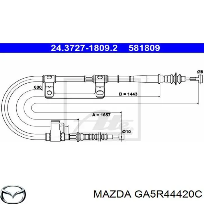 Трос ручного гальма задній, лівий GA5R44420C Mazda