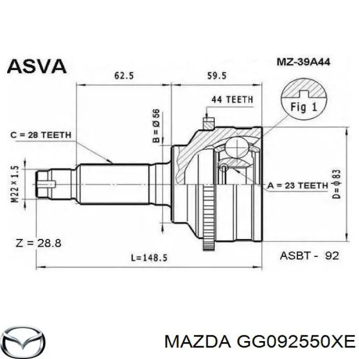 GG092550XE Mazda піввісь (привід передня, права)