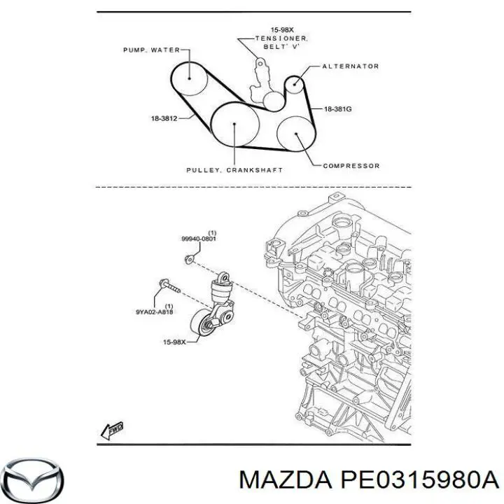Купити PE0315980A Mazda Натягувач приводного ременя