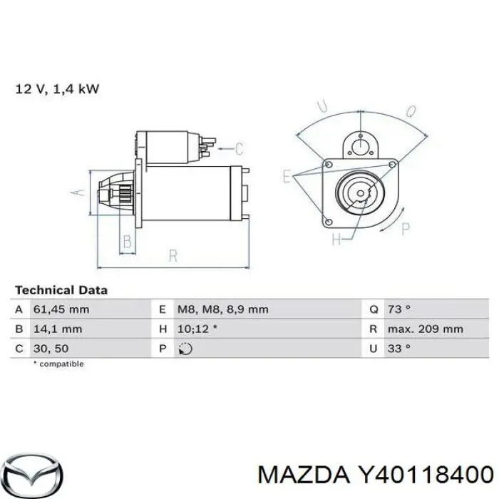 Y40118400 Mazda Стартер двигуна
