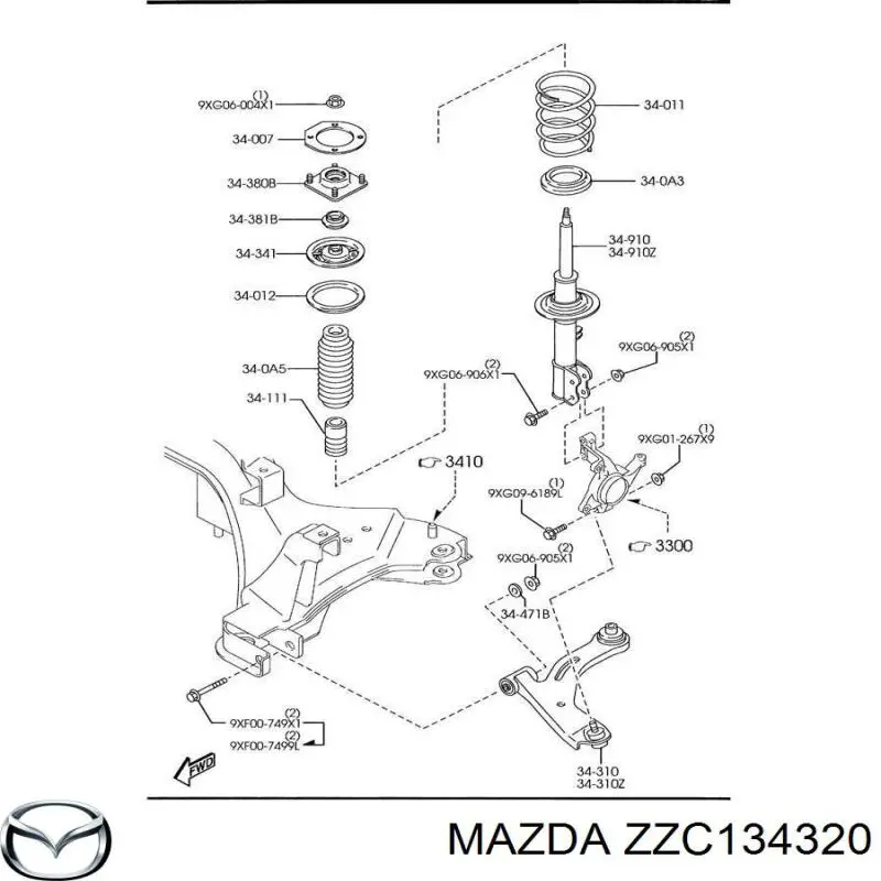 Важіль передньої підвіски нижній, лівий ZZC134320 Mazda