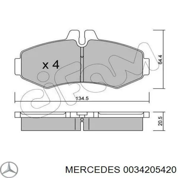 0034205420 Mercedes колодки гальмівні передні, дискові