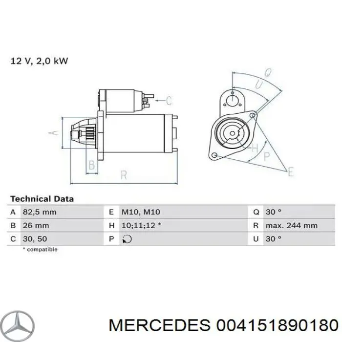 Стартер 004151890180 Mercedes