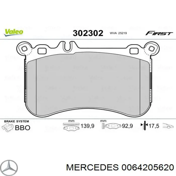 Колодки гальмівні передні, дискові 0064205620 Mercedes