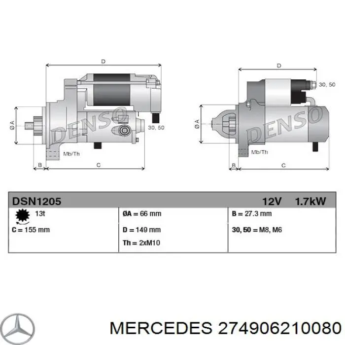 274906210080 Mercedes Стартер (Напряжение, В: 12; Мощность, кВт: 1,7)