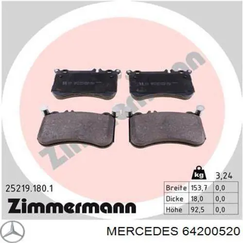 Колодки гальмівні передні, дискові 64200520 Mercedes