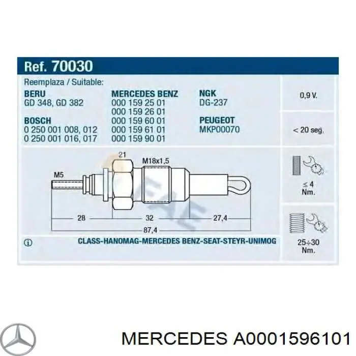 Купити A0001596101 Mercedes Свічка накалу