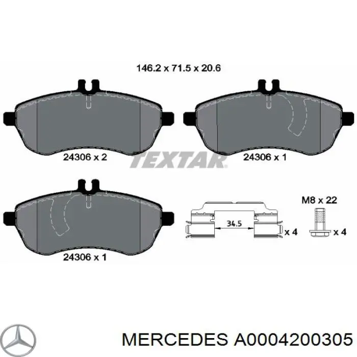 A0004200305 Mercedes колодки гальмівні передні, дискові