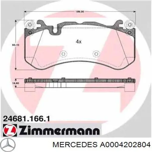 Купити A0004202804 Mercedes Колодки гальмівні передні, дискові