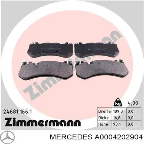 Купити A0004202904 Mercedes Колодки гальмівні передні, дискові