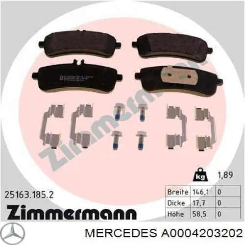 A0004203202 Mercedes Колодки гальмівні задні, дискові