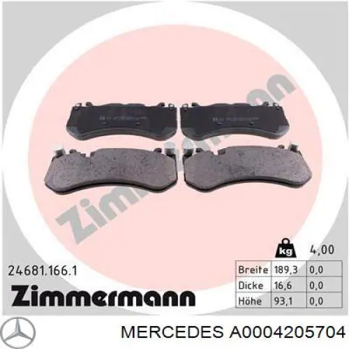 Колодки гальмівні передні, дискові A0004205704 Mercedes