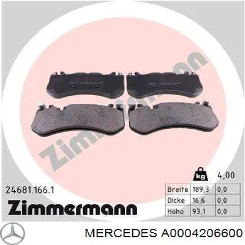 Колодки гальмівні передні, дискові A0004206600 Mercedes