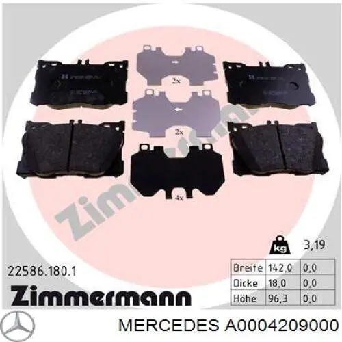 Купити A0004209000 Mercedes Колодки гальмівні передні, дискові
