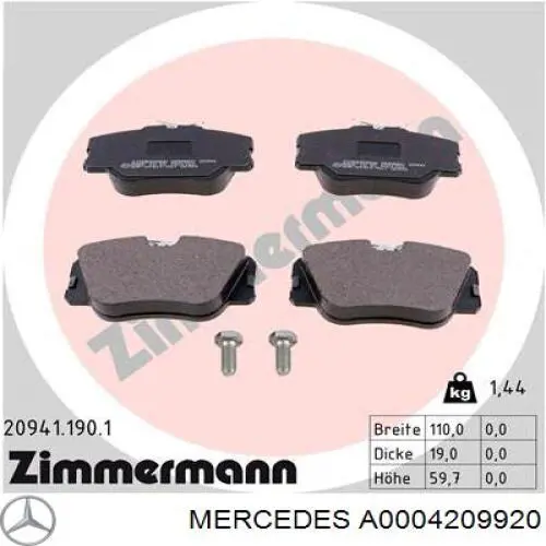 Колодки гальмівні передні, дискові A0004209920 Mercedes