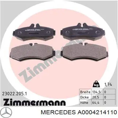 Купити A0004214110 Mercedes Колодки гальмівні передні, дискові
