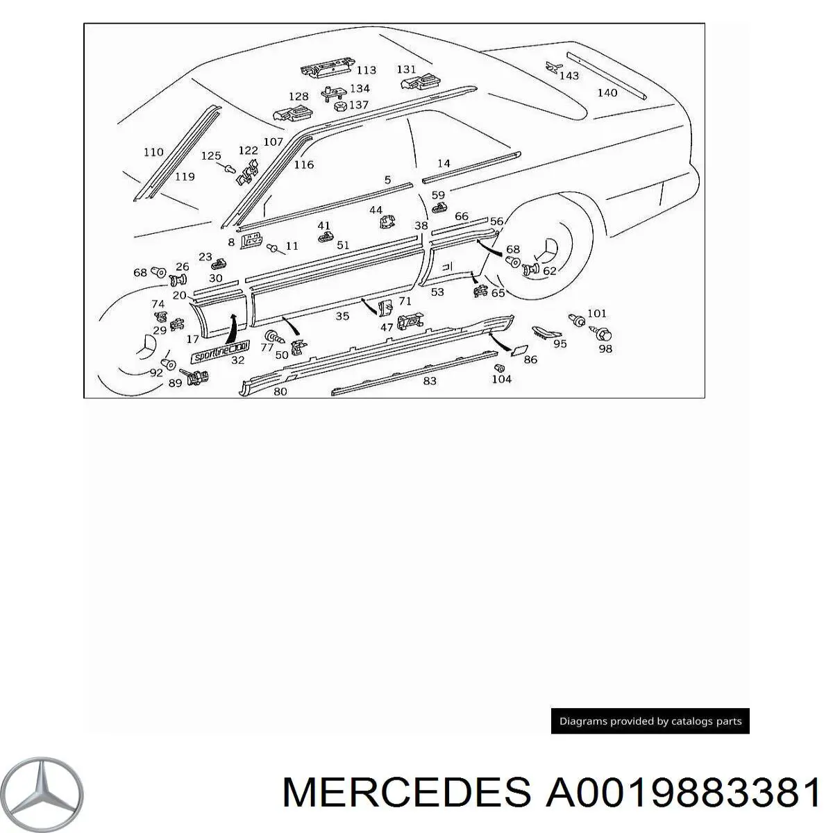 A0019883381 Mercedes кліпса (пістон кріплення молдинга двері)