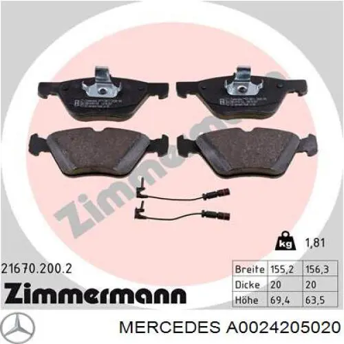 Купити A0024205020 Mercedes Колодки гальмівні передні, дискові