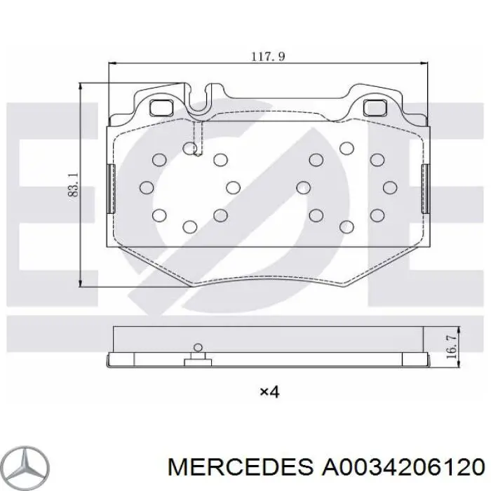 Купити A0034206120 Mercedes Колодки гальмівні передні, дискові