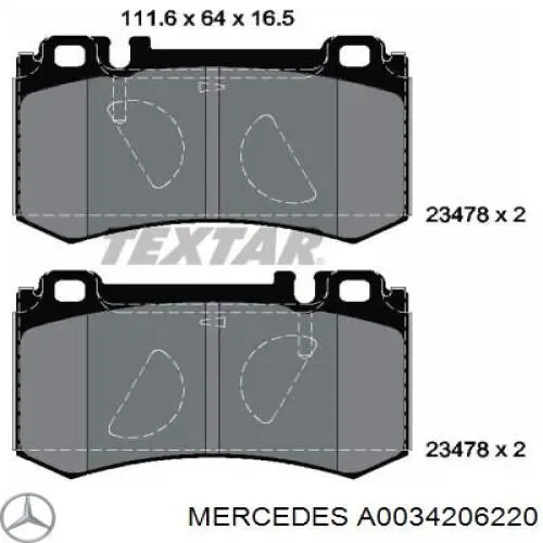 A0034206220 Mercedes колодки гальмові задні, дискові