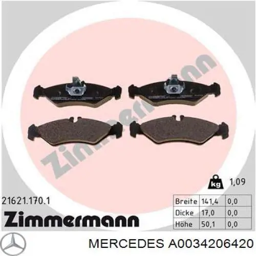 A0034206420 Mercedes Колодки гальмівні задні, дискові