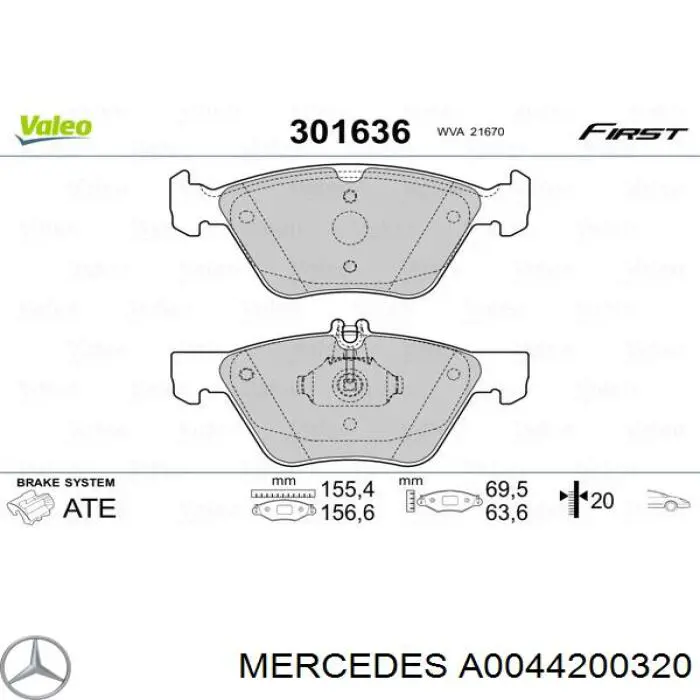 Купити A0044200320 Mercedes Колодки гальмівні передні, дискові