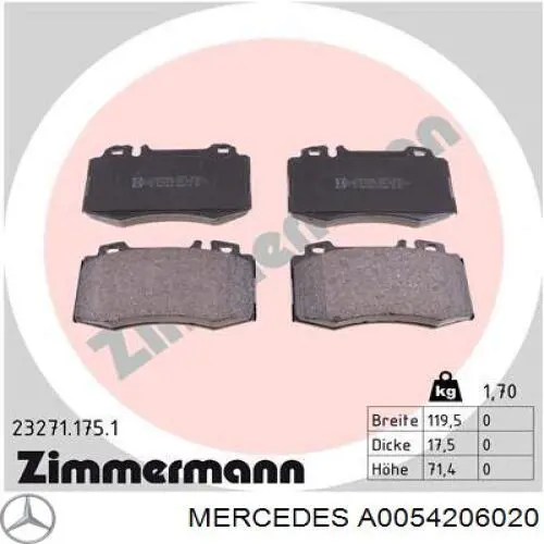 Передні тормозні колодки A0054206020 Mercedes