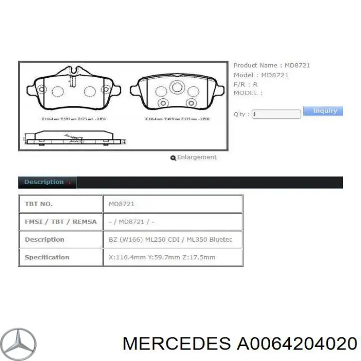 Задні гальмівні колодки A0064204020 Mercedes