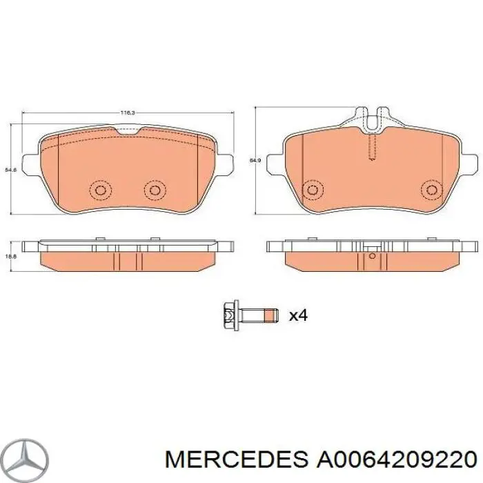 Колодки гальмові задні, дискові A0064209220 Mercedes