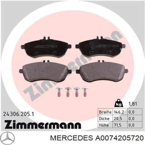 Тормозні колодки Mercedes A0074205720