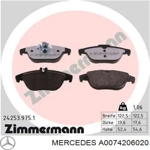 Колодки гальмові задні, дискові A0074206020 Mercedes