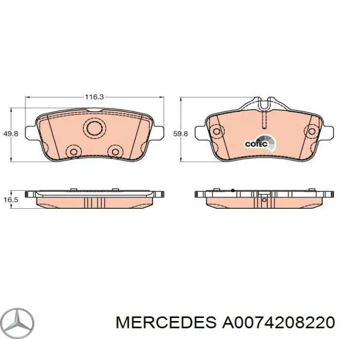 A0074208220 Mercedes Колодки гальмівні задні, дискові