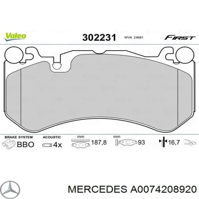 A0074208920 Mercedes колодки гальмівні передні, дискові