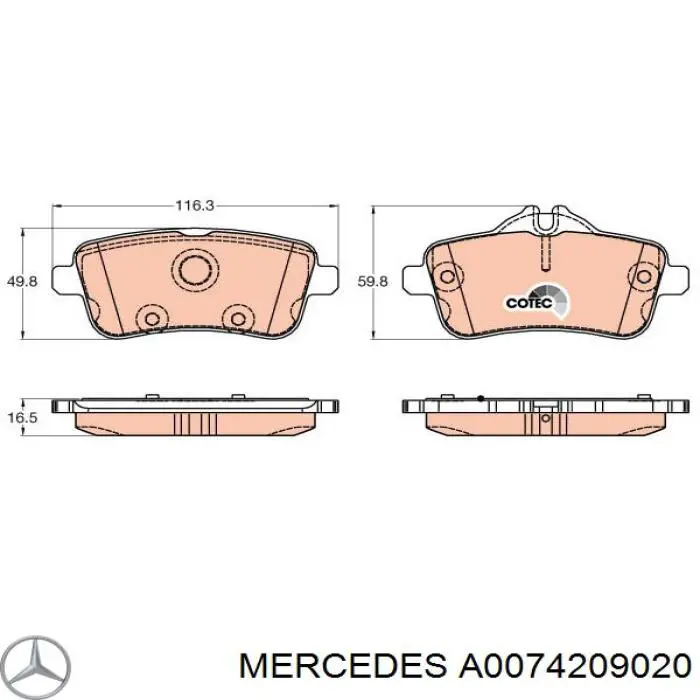 A0074209020 Mercedes колодки гальмові задні, дискові
