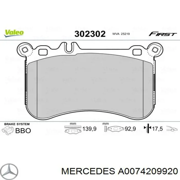 Купити A0074209920 Mercedes Колодки гальмівні передні, дискові