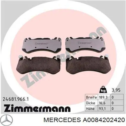 Колодки гальмівні передні, дискові A0084202420 Mercedes