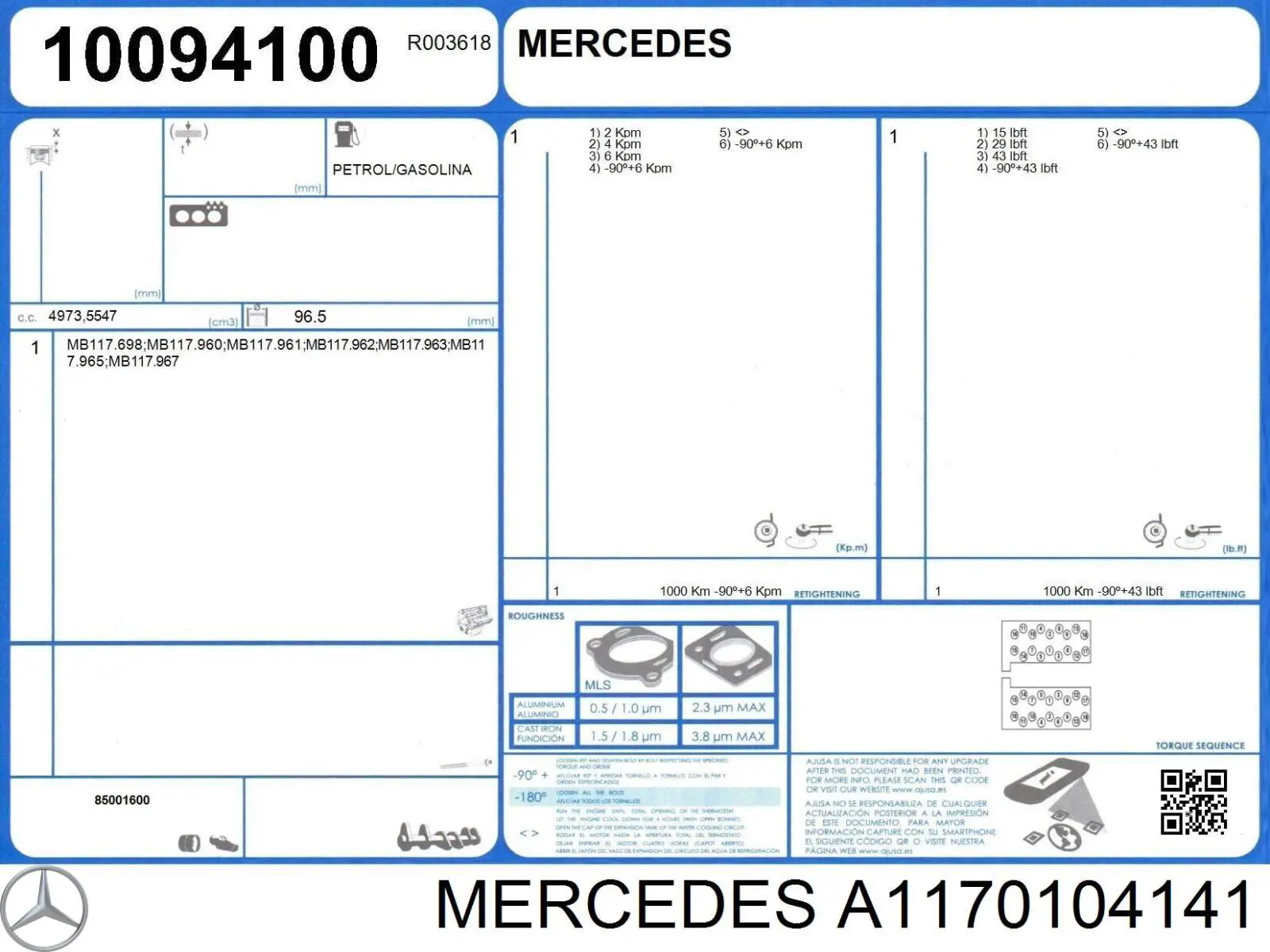 Комплект прокладок двигуна, верхній 1170104141 Mercedes